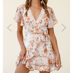 Cami Angel Sleeve Faux Wrap Dress Hibiscus Print